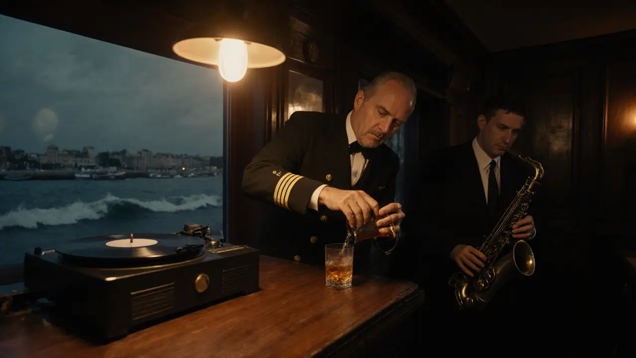 Cozy dimly lit bar with a bartender in uniform serving whiskey beside a jazz record player.