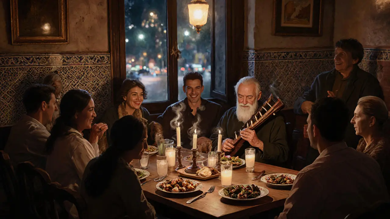 Cozy meyhane interior with candlelit tables, meze dishes, and a man playing bağlama under warm, dim lighting.