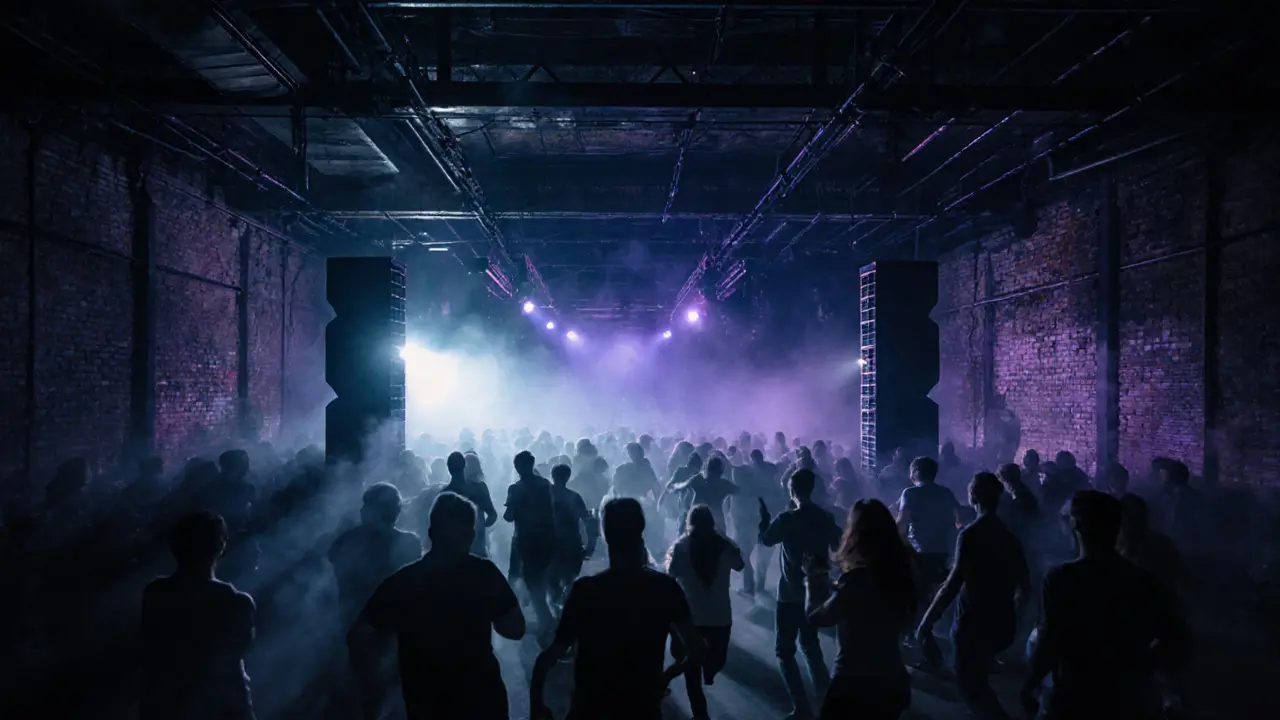 Crowd dancing in a dark, industrial nightclub under pulsing strobe lights with no visible faces.