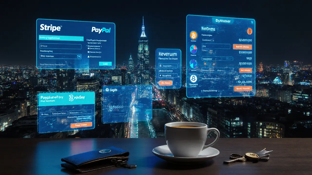Digital payment platforms displayed over a nighttime London skyline, showing secure financial tools.