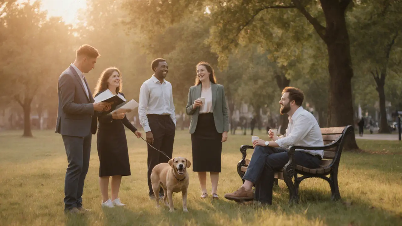 Diverse companions enjoying peaceful moments together in a London park at sunset.