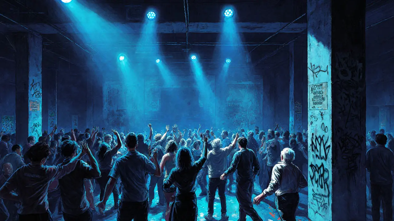 Diverse crowd dancing in an industrial warehouse club with pulsing neon lights and powerful sound system.