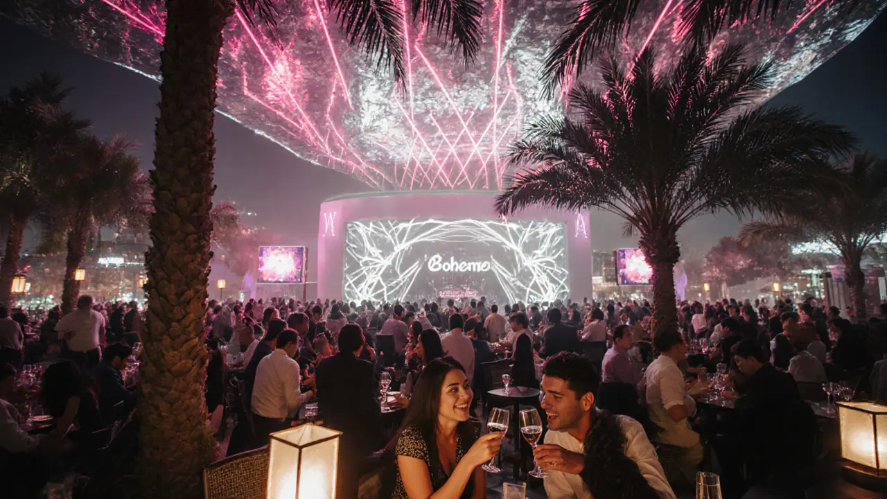Dubai Marina nightlife strip with neon-lit clubs, laser shows, and couples enjoying terrace drinks under palm trees.
