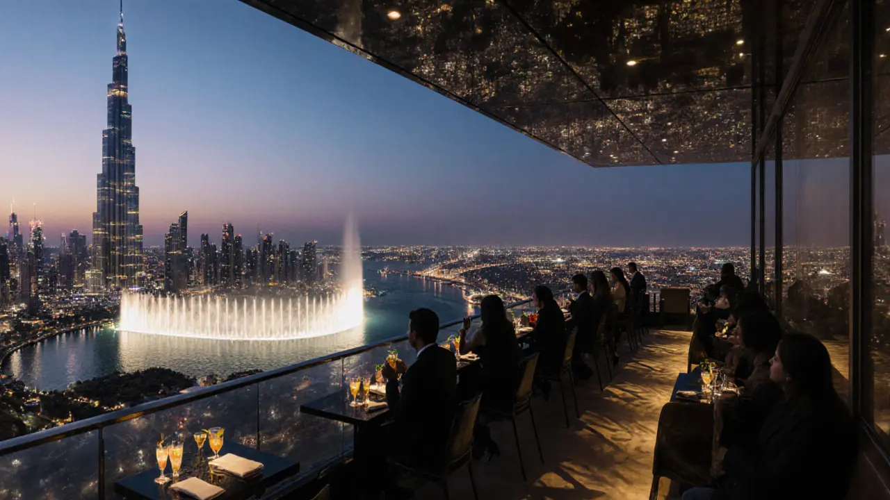 Elegant guests at At.mosphere rooftop bar overlooking Dubai&#039;s illuminated skyline and fountain