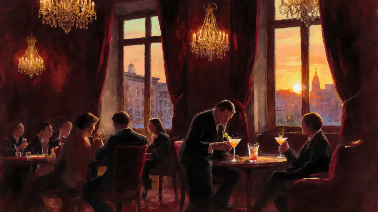 Elegant jazz bar in Brera with patrons in smart casual attire sipping cocktails in warm, dim lighting.