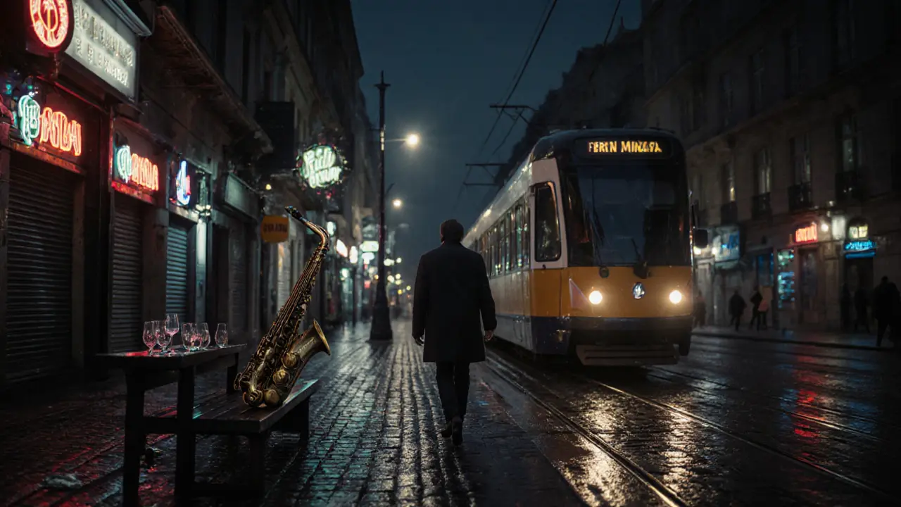 Empty İstiklal Avenue at dawn, silent tram, spilled wine glass, and a saxophone on a bench under rainy reflections.