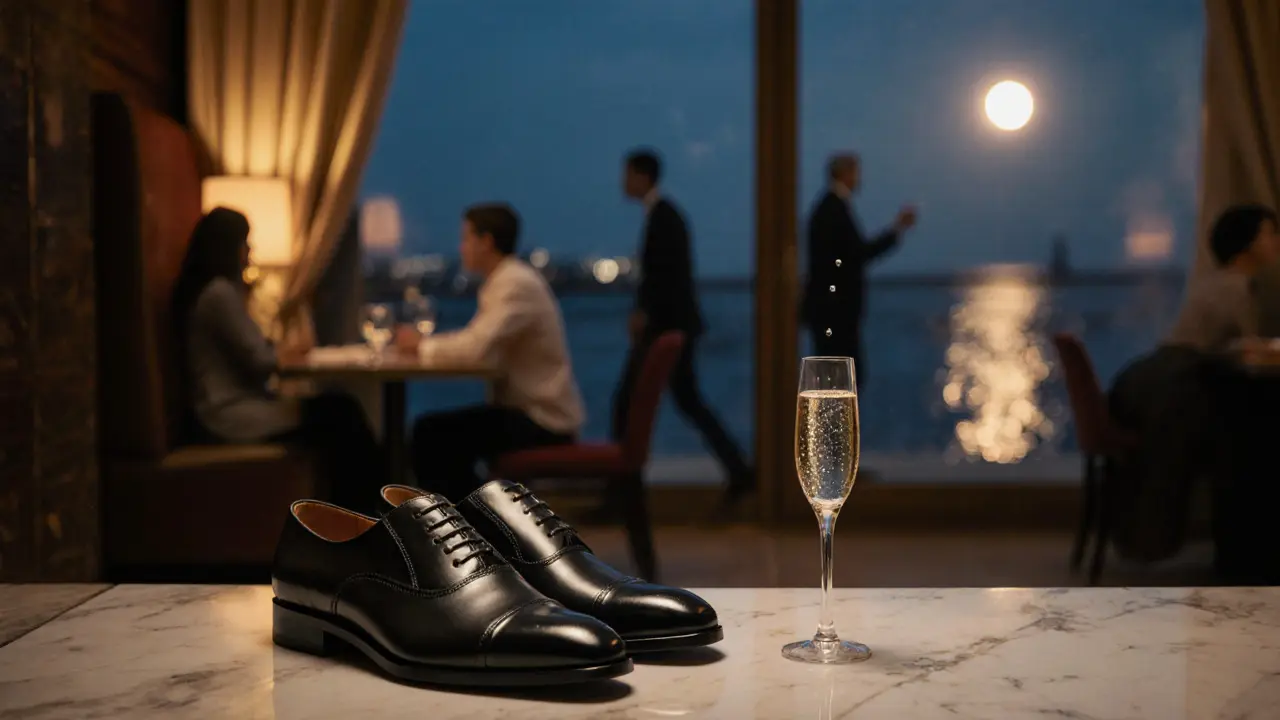 Empty VIP booth with a champagne flute and polished shoes, reflecting the glowing Mediterranean sea at night.