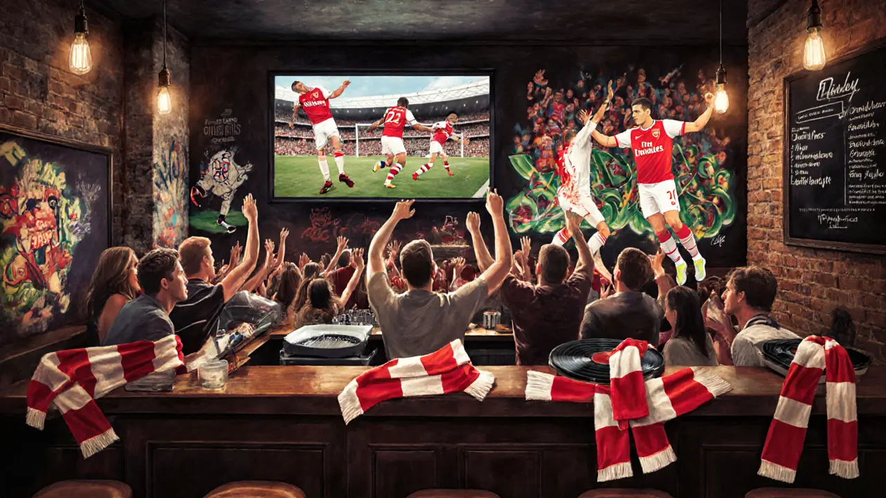 Football pub with DJ, scarves, and giant screen displaying a goal, vibrant red and white decor.
