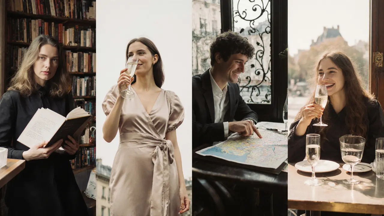 Four distinct Parisian companions in their everyday settings: bookstore, restaurant, riverside, and café, each embodying different styles of companionship.