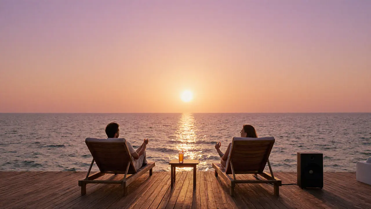 Golden hour at Yas Beach with hammocks, ocean waves, and a tranquil sunset atmosphere.