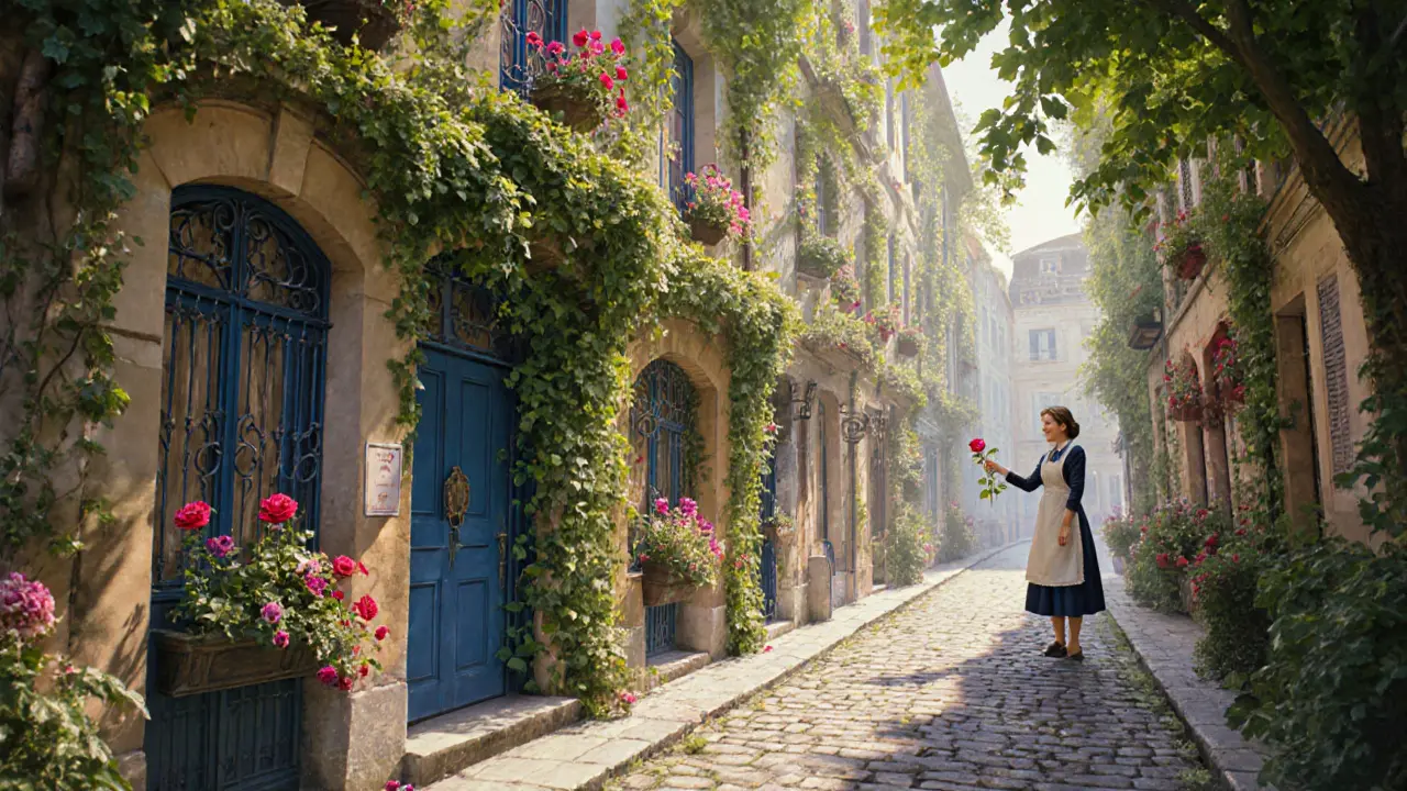 Hidden courtyard with colorful houses and a blue door slightly open, roses in bloom.