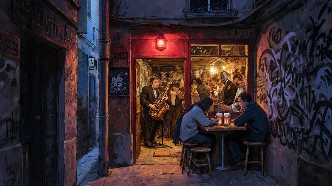 Hidden jazz bar in Belleville with musicians playing and patrons gathered in a dimly lit basement.