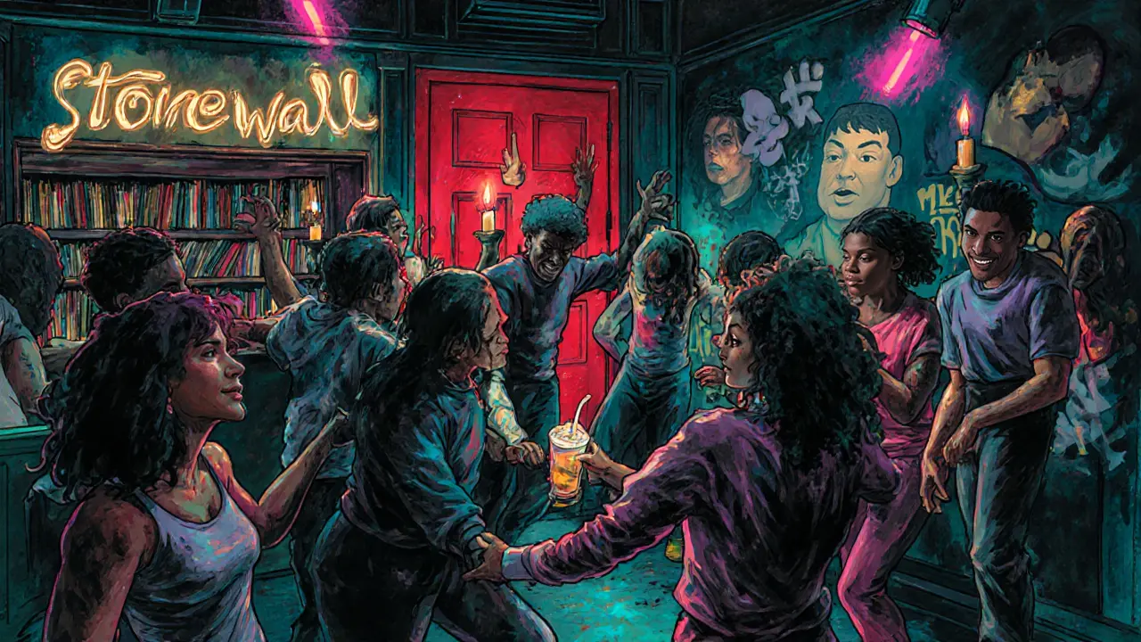 Hidden Stonewall Bar interior with diverse crowd dancing under dim lights and glowing DJ setup.