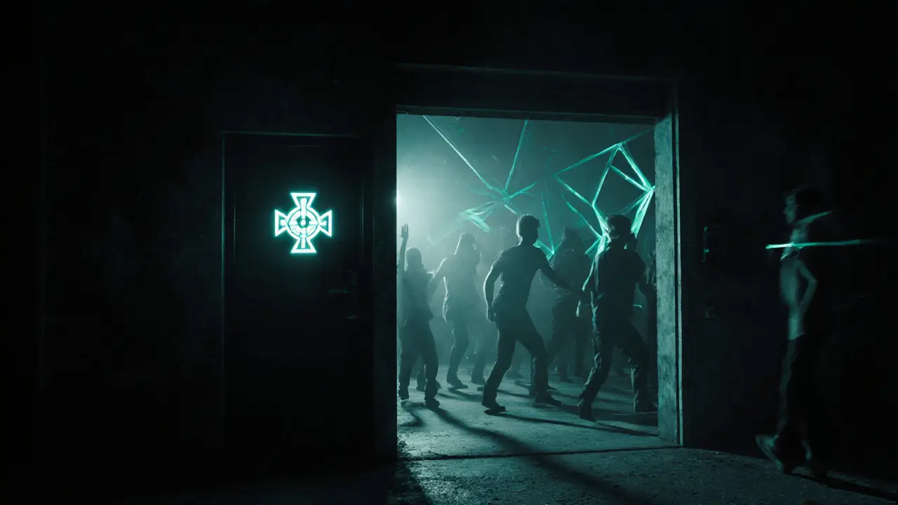 Hidden underground club entrance in Porta Venezia with mysterious lighting and silhouetted dancers inside.