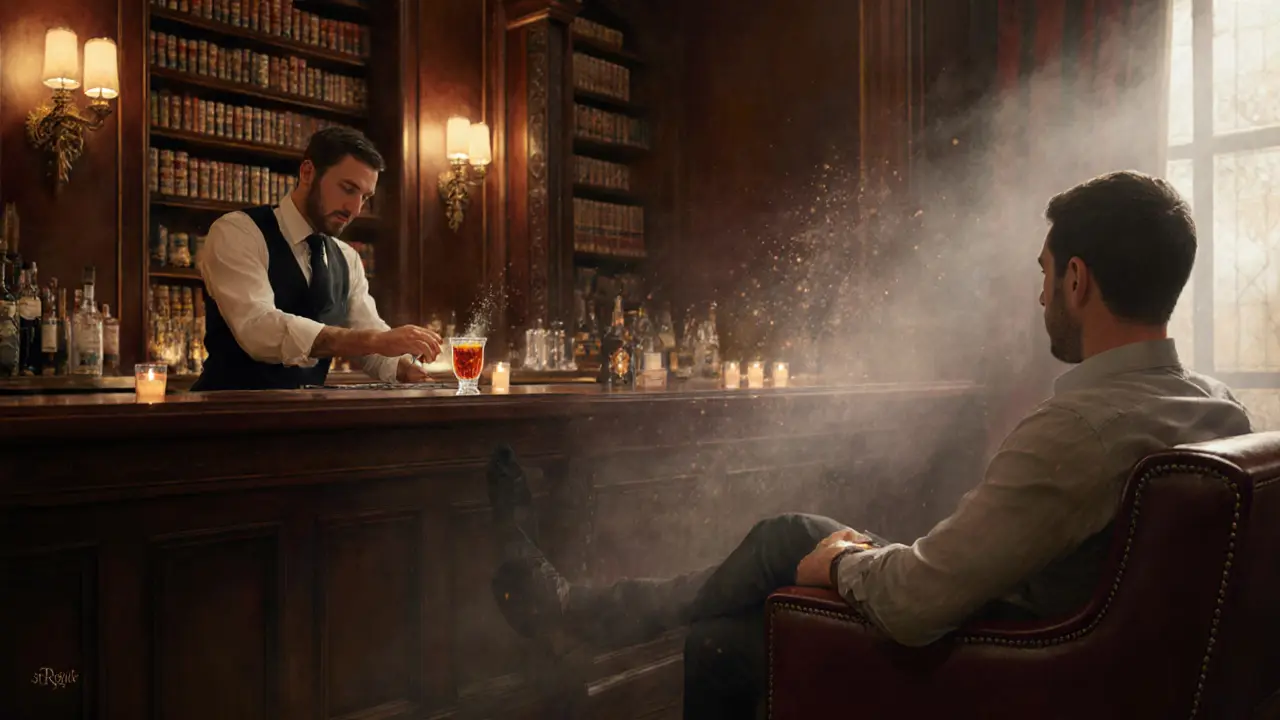 Intimate library bar with bookshelves and a bartender crafting a unique cocktail in warm lamplight.