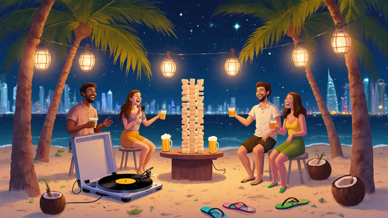 Locals enjoying casual drinks and Jenga at Barasti beachside spot under string lights