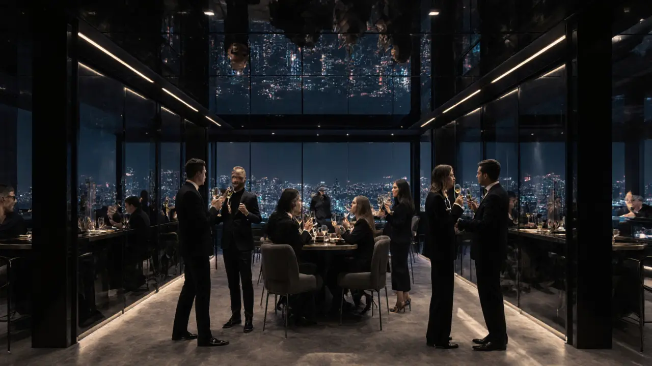 Luxury nightclub with glass ceiling showing Milan&#039;s skyline and elegantly dressed guests.