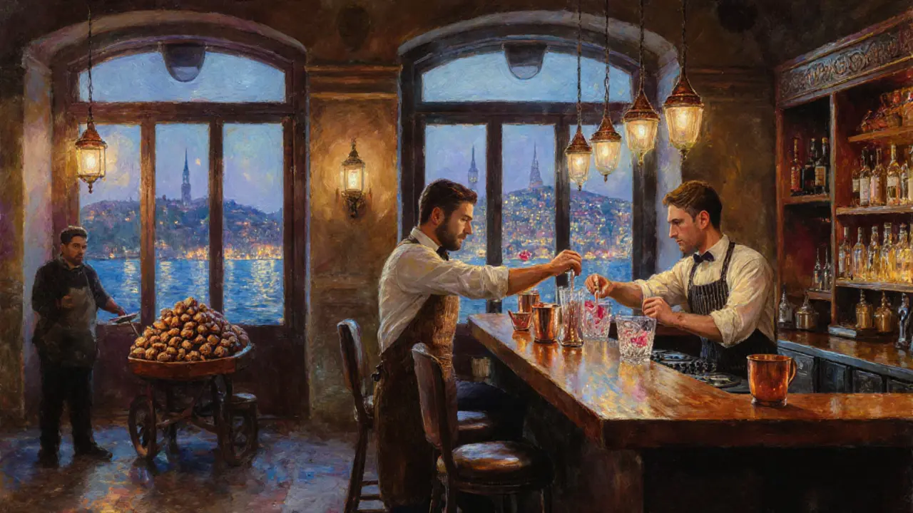 Ottoman warehouse cocktail bar in Karaköy with rosewater gin, copper raki cups, and Bosphorus lights reflecting through windows.