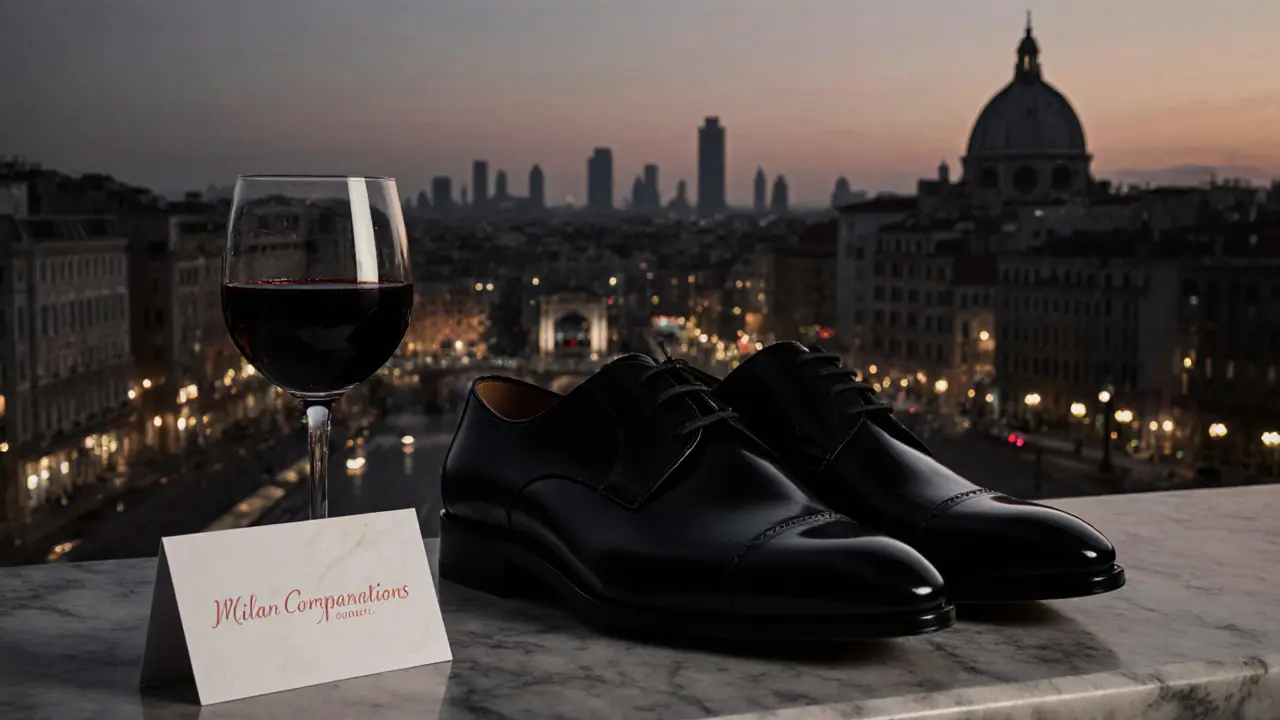 Polished shoes and a business card rest on marble beside a half-finished glass of wine, symbolizing a discreet Milan evening.