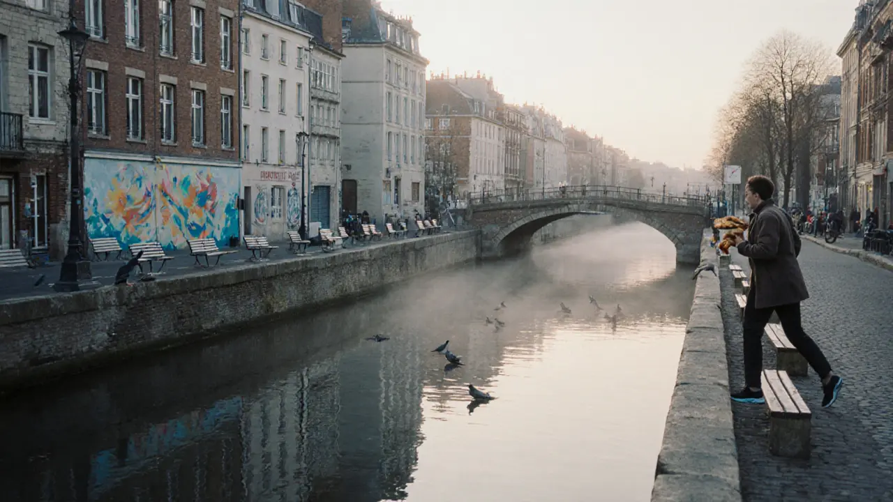 Quiet canal at dawn with still water reflecting pastel buildings and a man feeding pigeons.