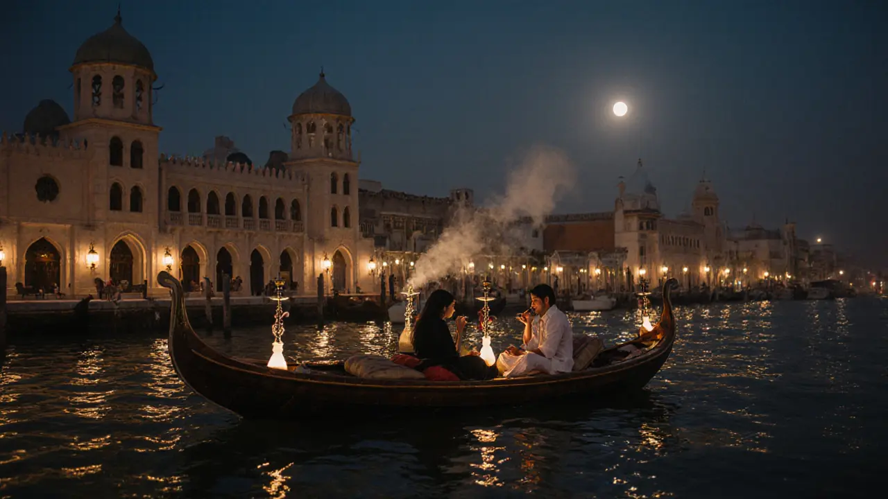 Quiet shisha lounge by a creek with lanterns and traditional boats floating at night.