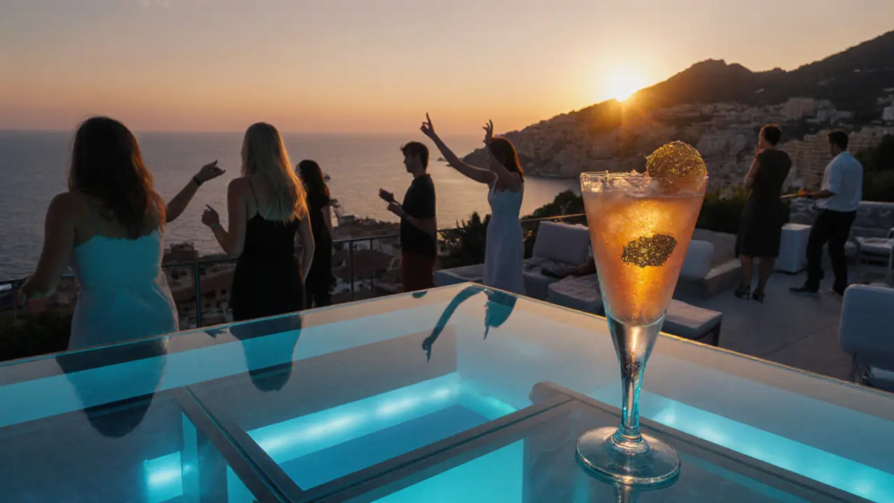 Rooftop club with glowing glass floor above the Mediterranean Sea at dusk.