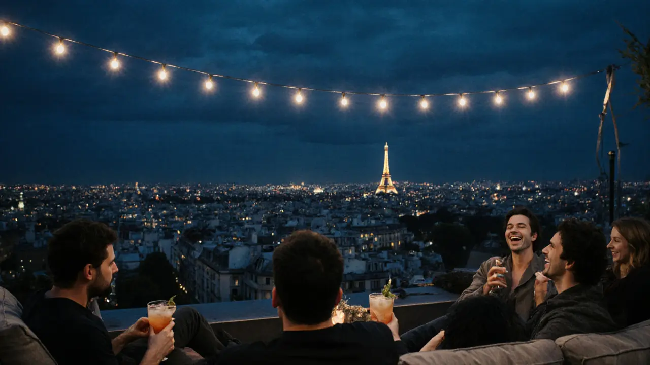 Rooftop view of Paris at night with Eiffel Tower sparkling, friends relaxing on couches under string lights.