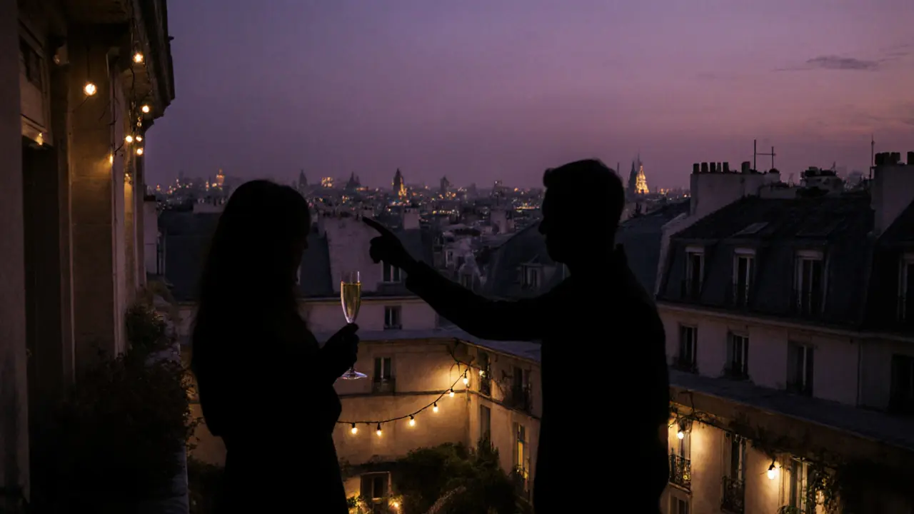 Silhouetted figures on a Paris rooftop terrace at dusk, city lights glowing below.