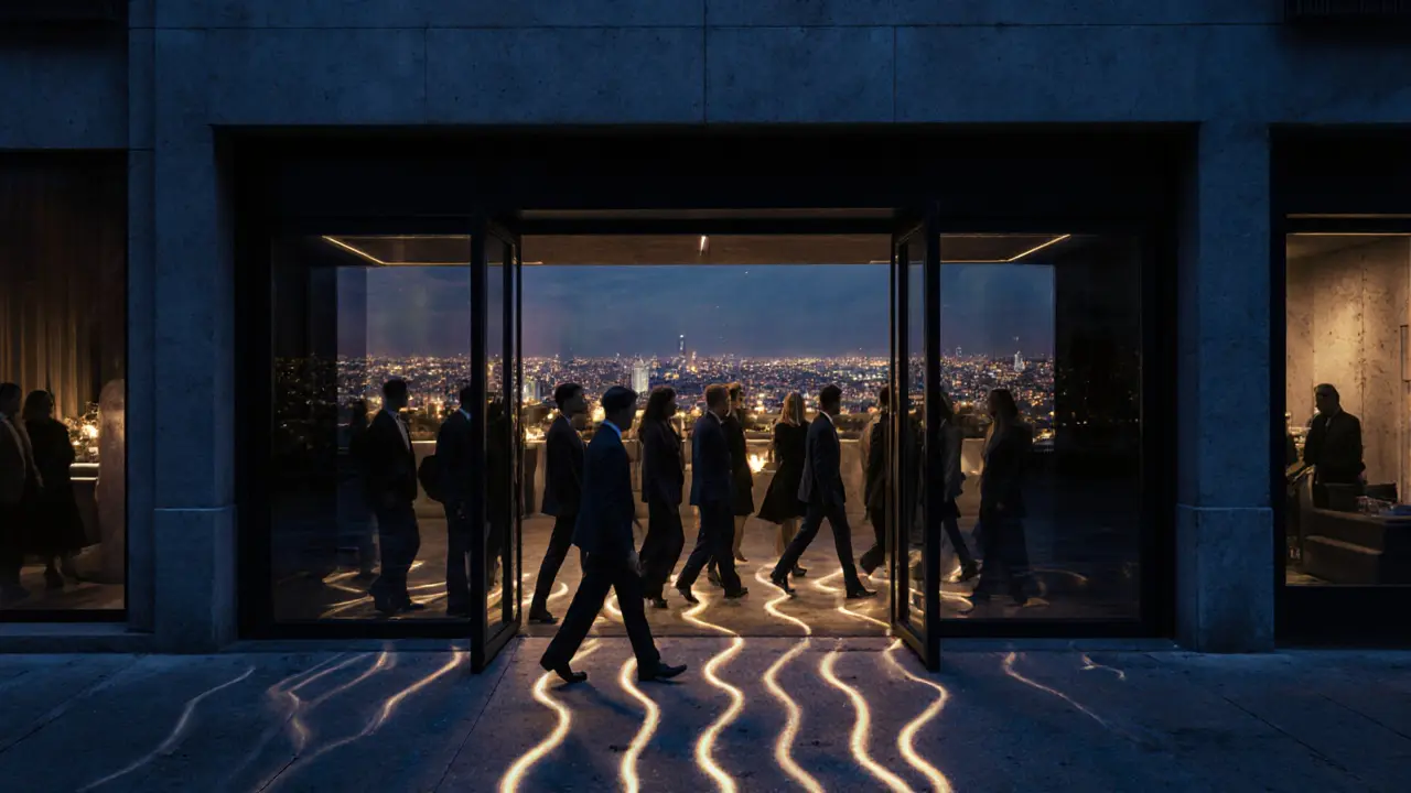Silhouettes of elegantly dressed guests entering a modern Milan club at night, city skyline glowing behind them.