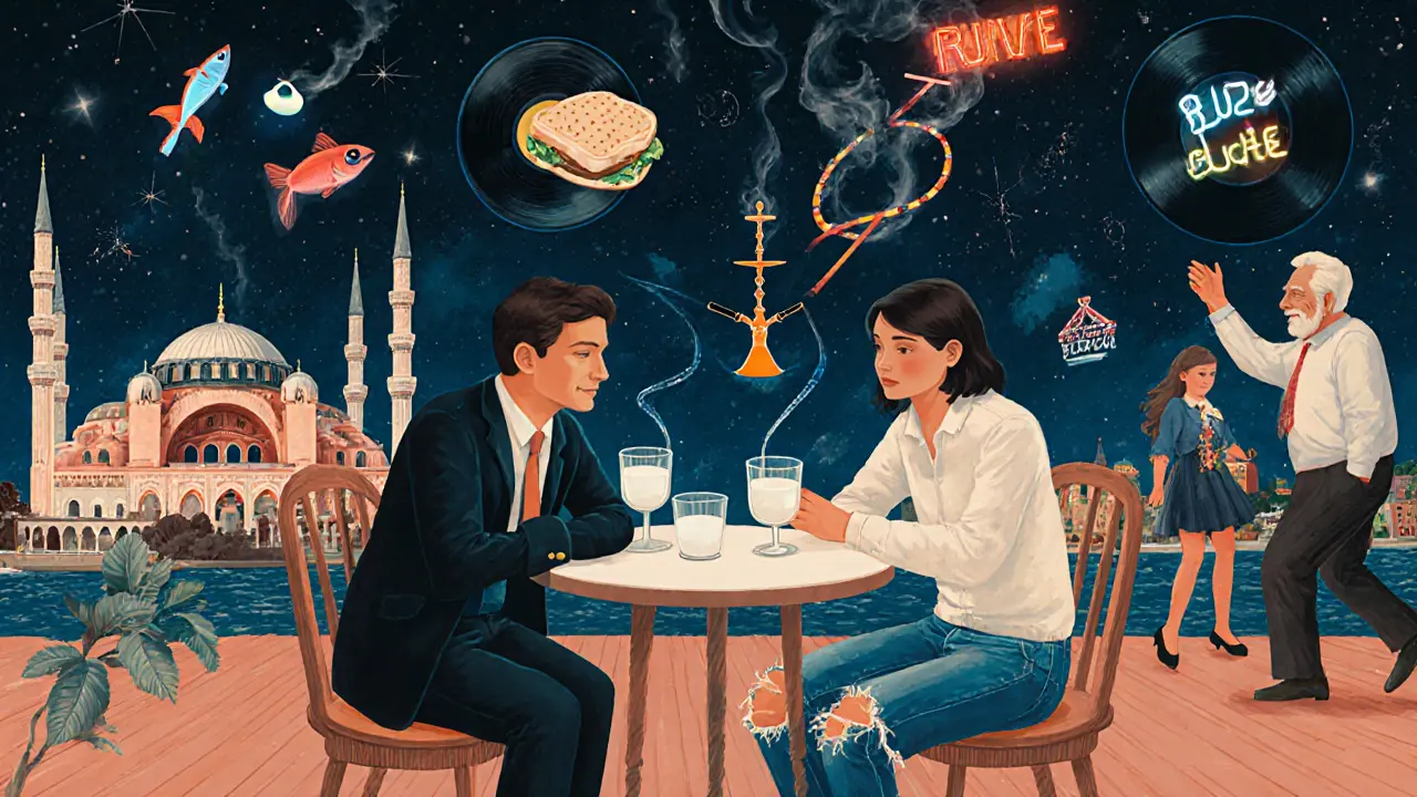 Surreal table scene where East and West blend: raki glasses turning milky, floating minarets, vinyl records, and a grandfather dancing with his granddaughter.