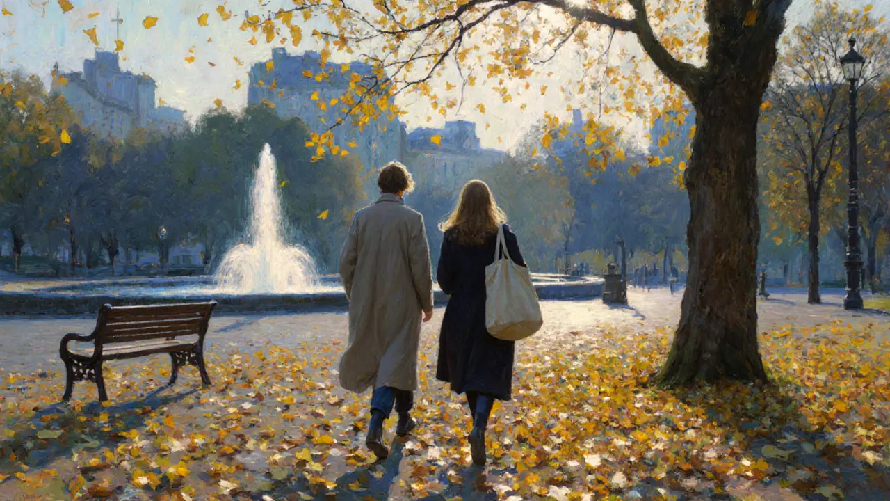 Two figures walk slowly through a leaf-strewn park at dusk, sharing silent companionship under autumn trees.