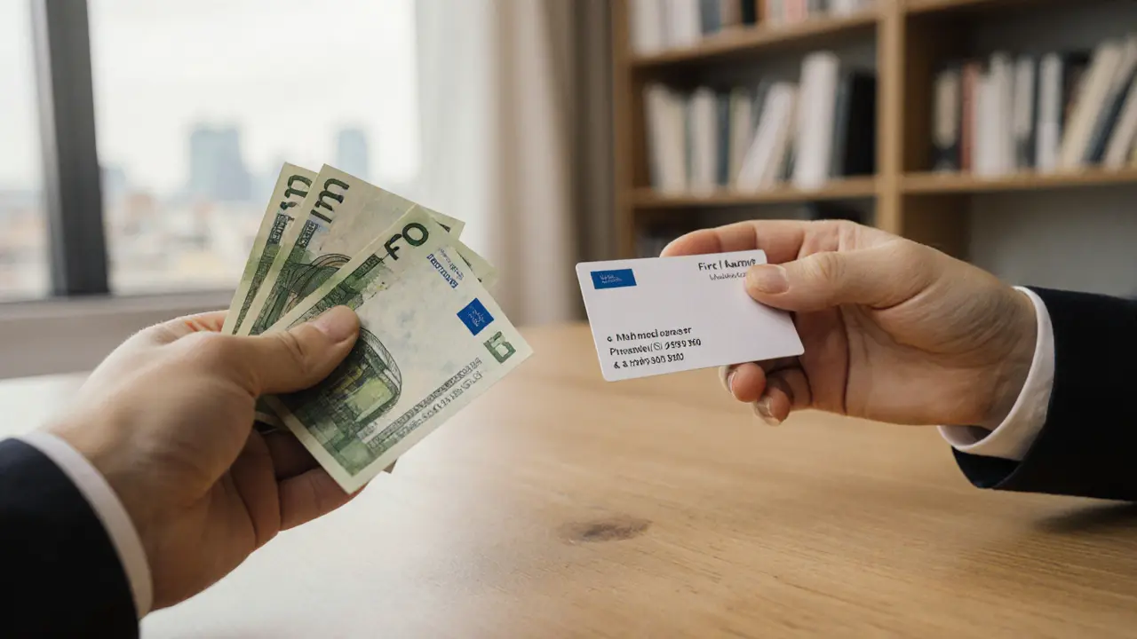 Two hands exchanging cash and a business card across a wooden table, symbolizing professional respect.