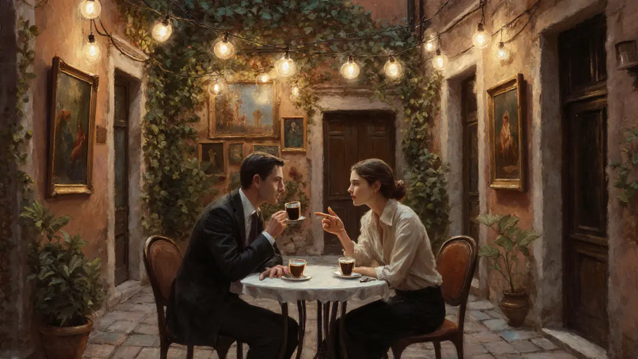 Two people enjoy espresso in a quiet Brera courtyard, deep in conversation under soft string lights and ivy-covered walls.