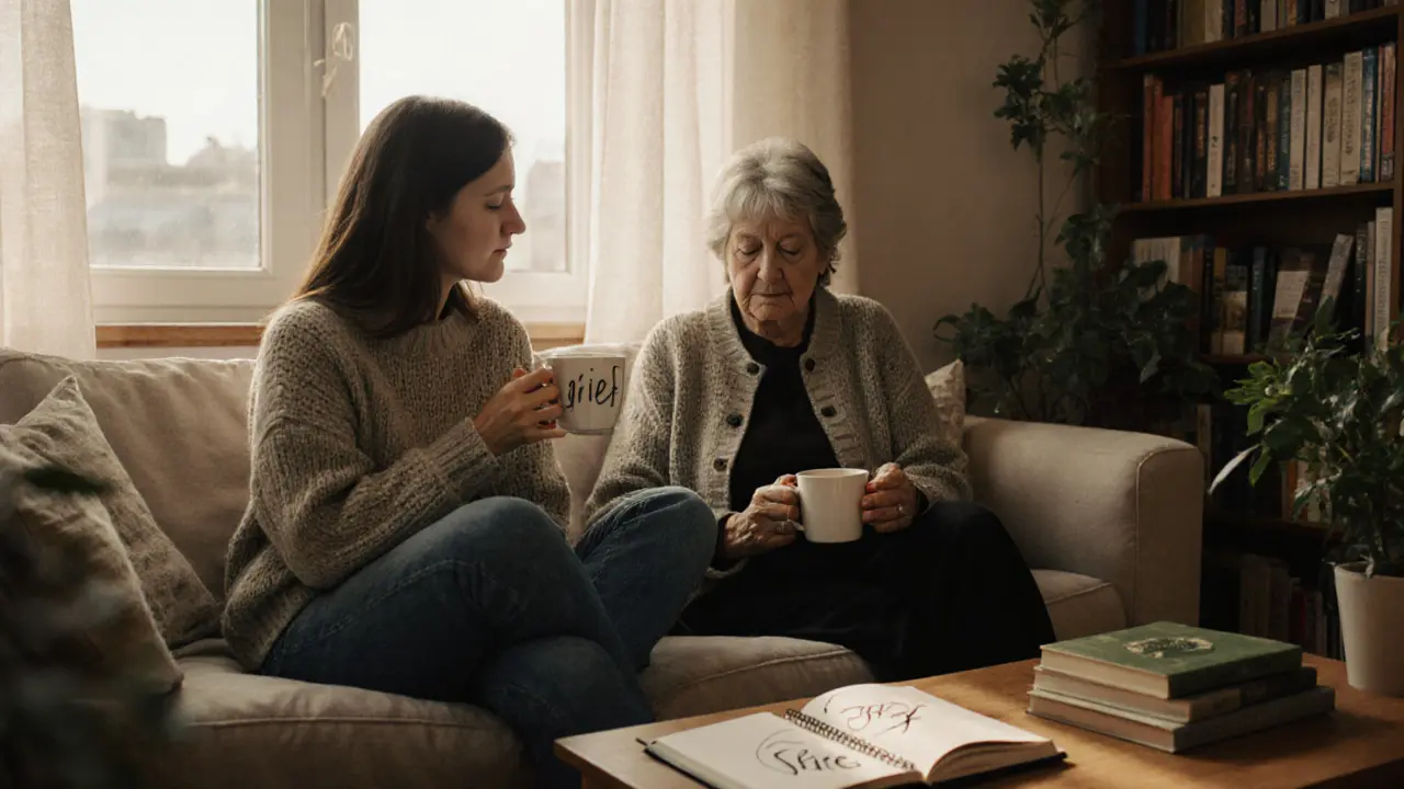 Two people sit together on a sofa in a cozy Berlin apartment, one crying softly, the other offering quiet presence.