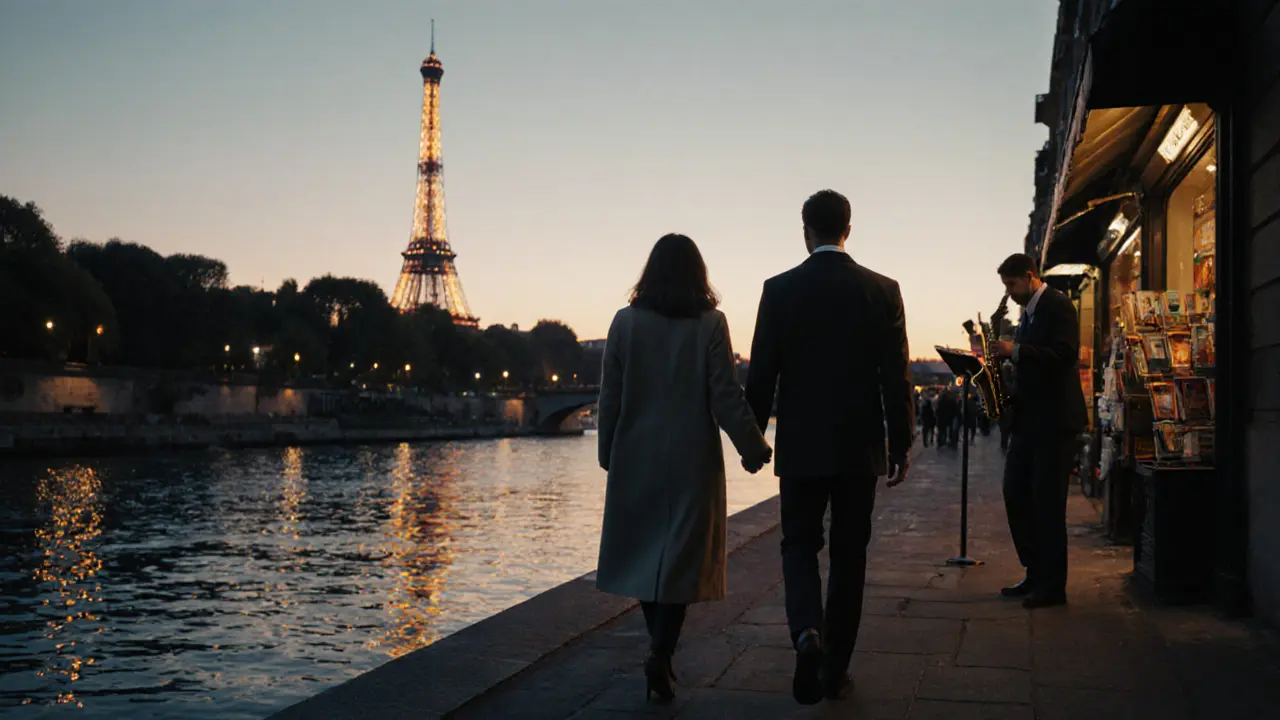 Two people walking along the Seine at sunset, passing a bookstore and street musician.