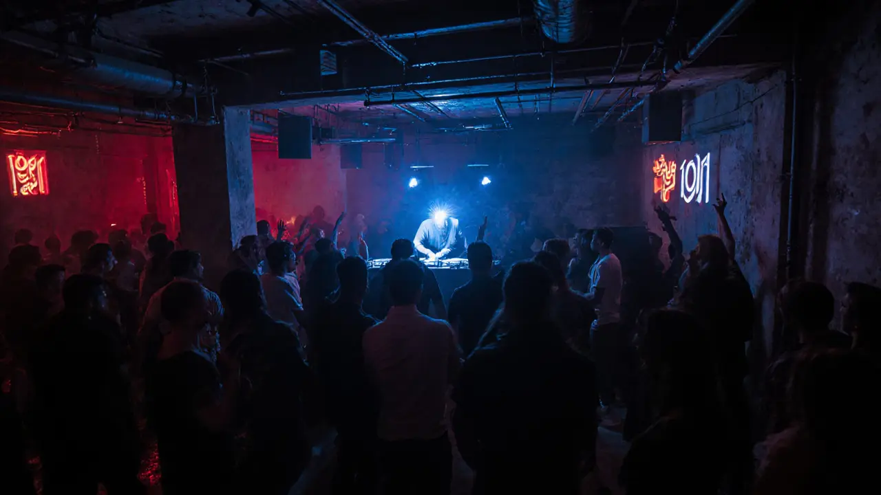 Underground club with neon lights and dancers moving to techno music in an industrial space.