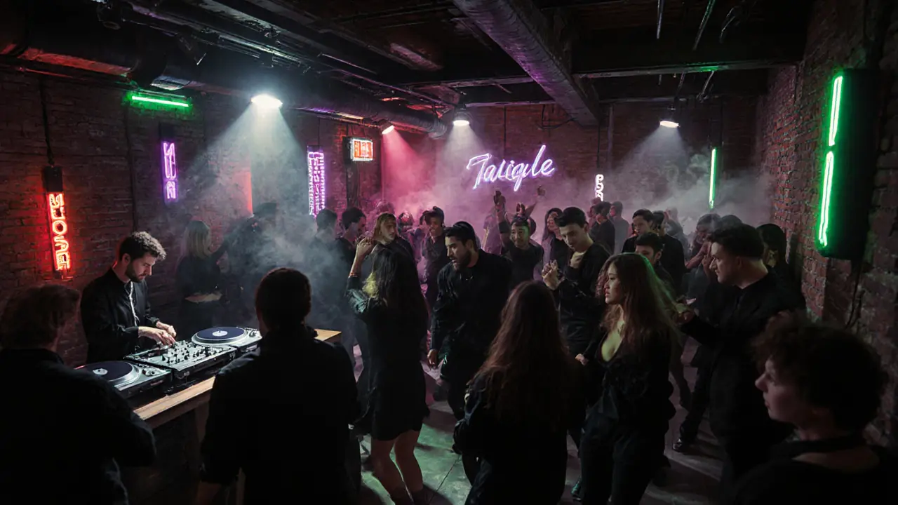 Underground club with pulsing neon lights and dancers in stylish black attire.