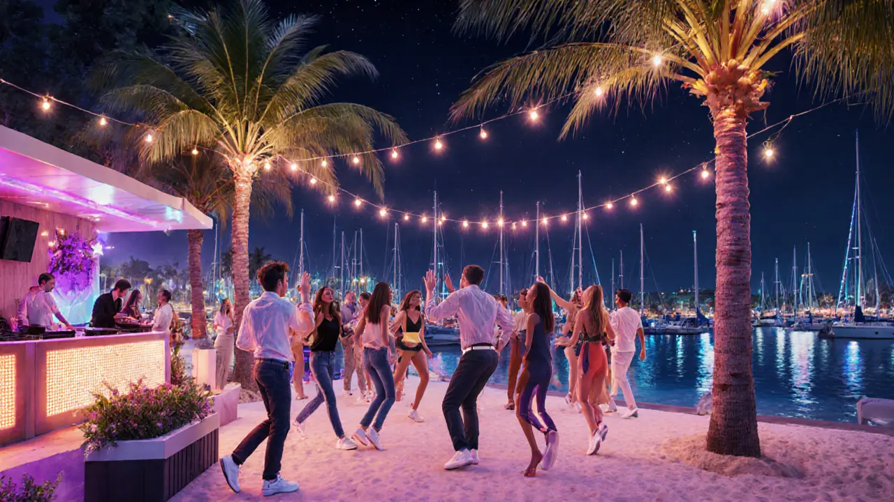 Vibrant beach club at night with neon lights, dancing crowd, and modern attire under palm trees.