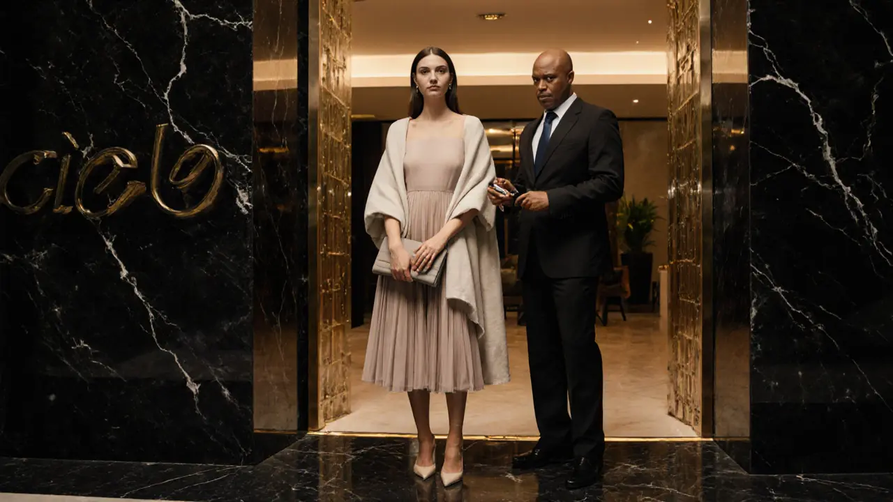 Woman in elegant dress being checked at a high-end club entrance, strict dress code visible.