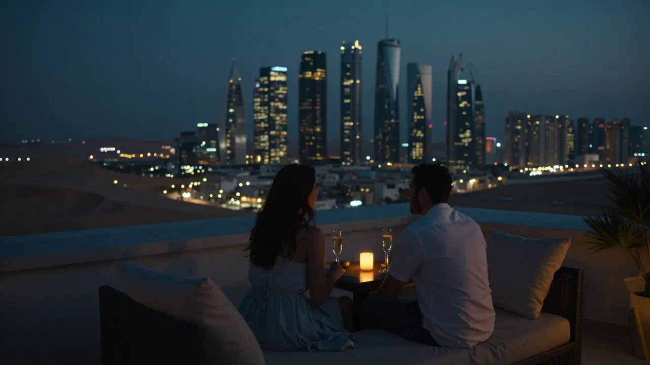 A couple enjoys a quiet rooftop moment at night in Abu Dhabi, with city lights and desert dunes in the distance, champagne beside them.