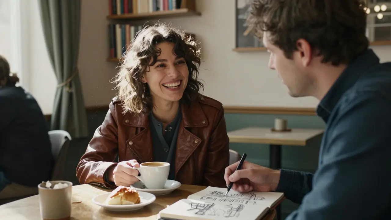 A couple laughing over coffee in a cozy Kreuzberg café, surrounded by books and warm sunlight.