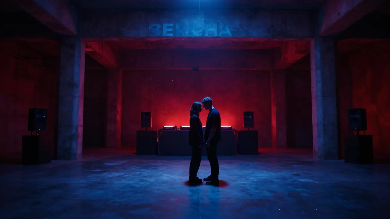 A couple stands alone in the empty, dimly lit Berghain club, surrounded by the lingering hum of bass.