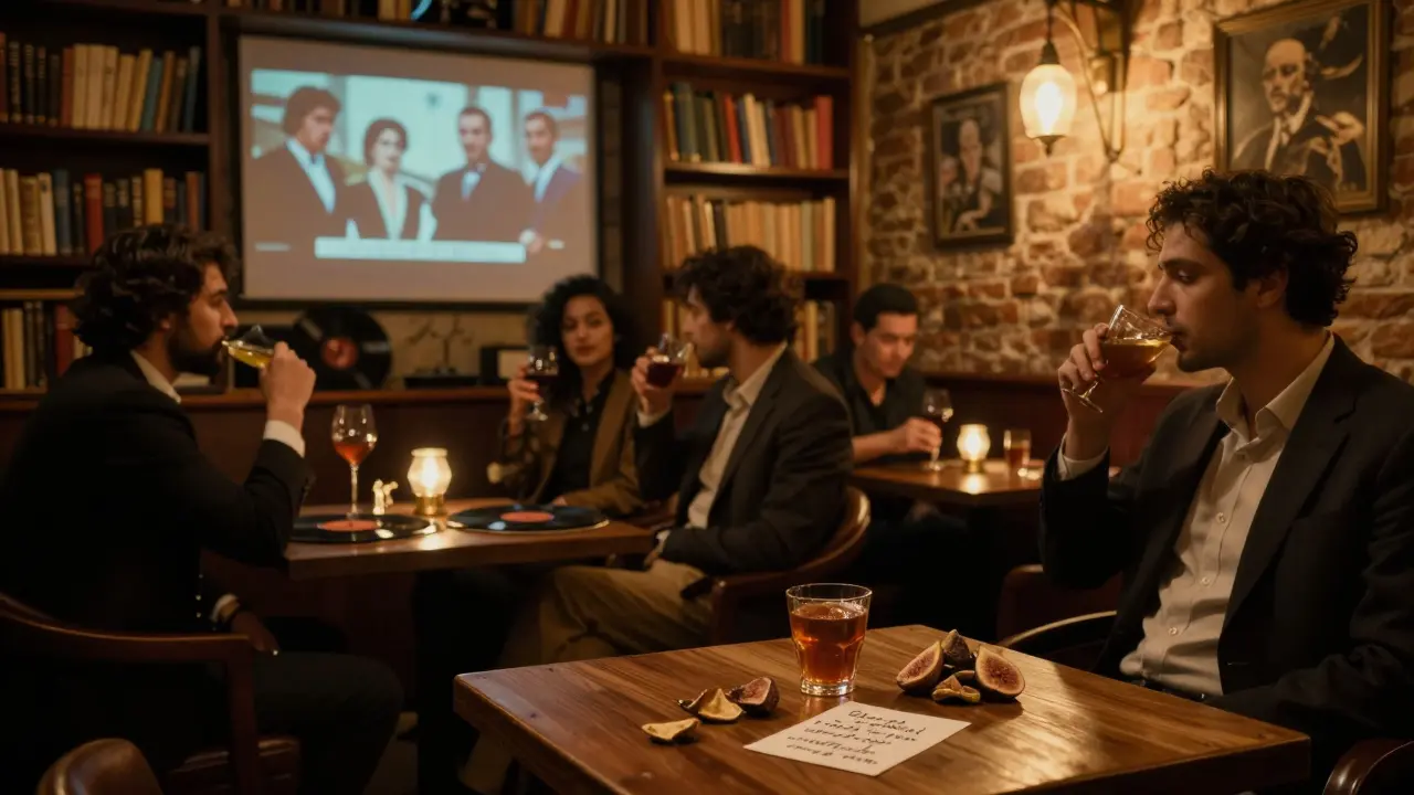 A cozy hidden bar with vintage films playing, vinyl records, and dim lantern light.