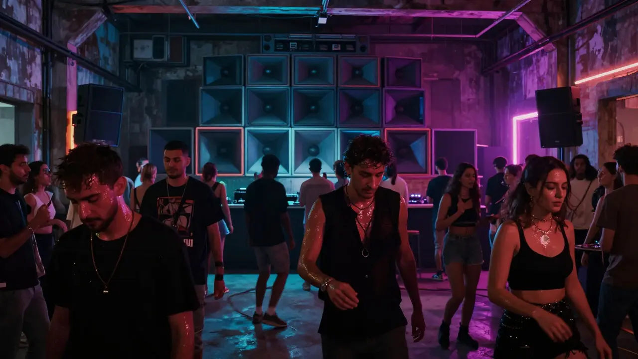 A crowded industrial warehouse club in Kadıköy where people dance to Turkish techno under pulsing neon lights.