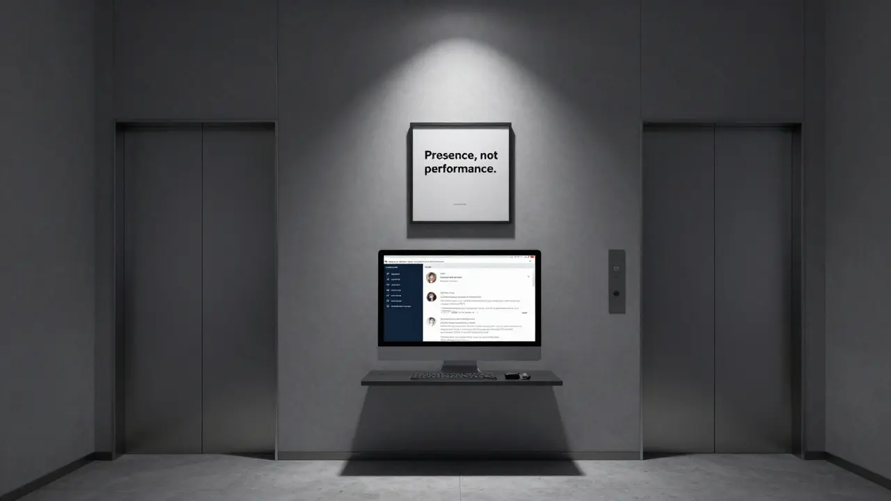 A discreet Dubai escort agency office with encrypted client profiles displayed on a minimalist monitor.
