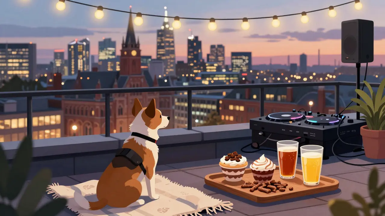 A dog relaxes on a rooftop terrace at dusk with city lights behind, enjoying dog-friendly treats.