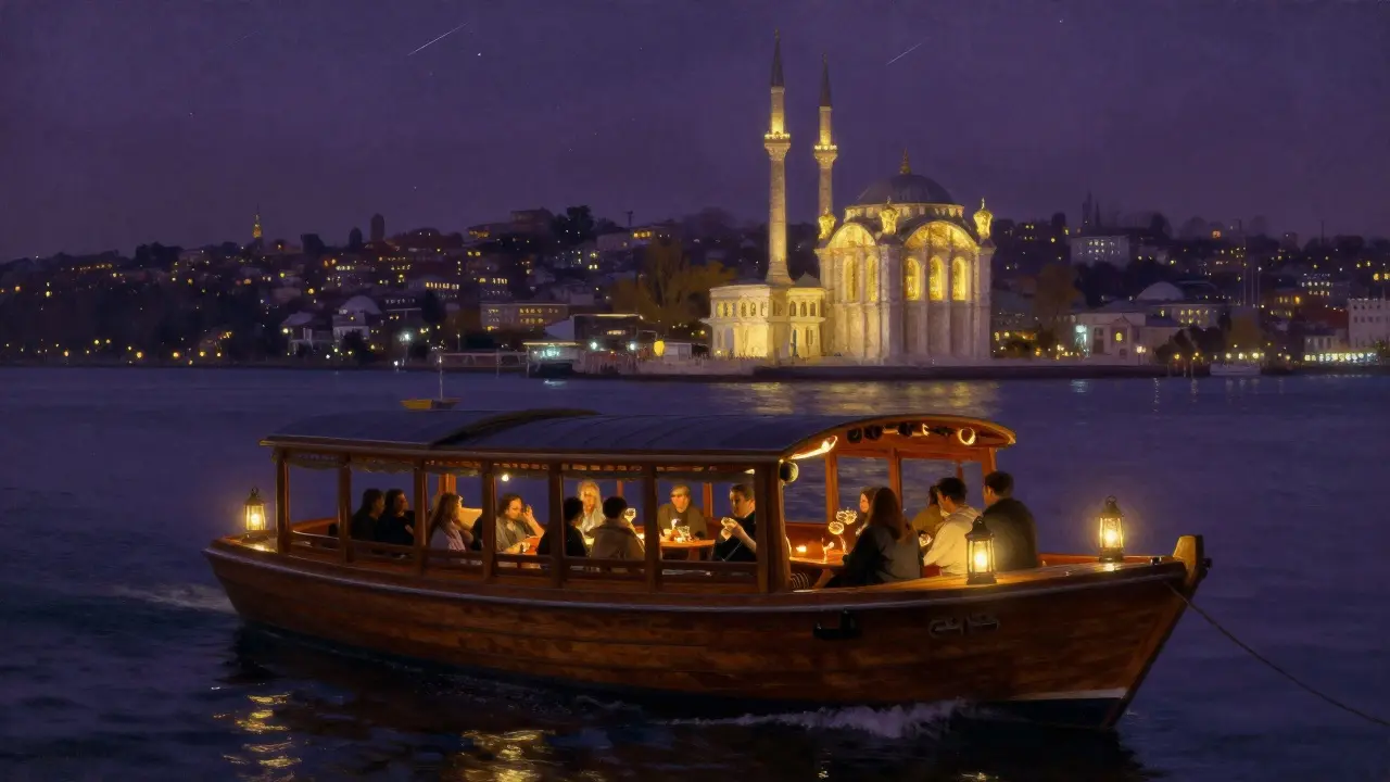 A glowing wooden boat on the Bosphorus at midnight with illuminated mosques and stars above.