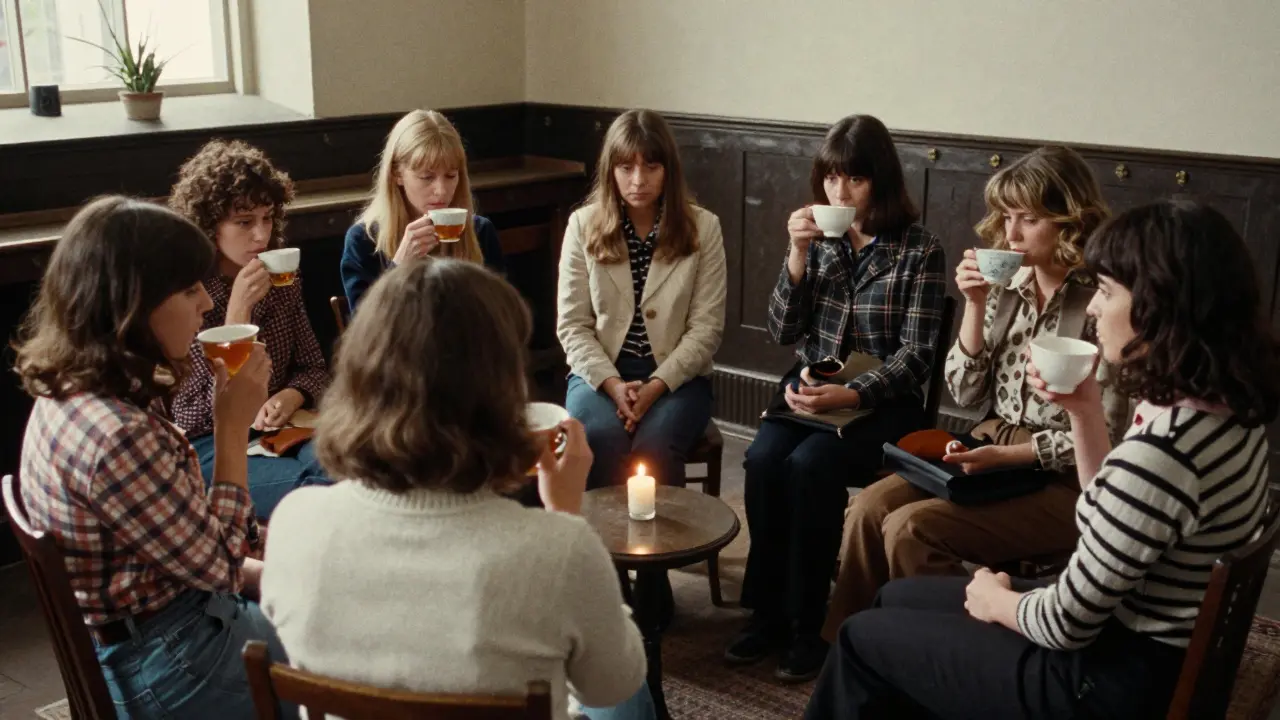 A group of women sit in a quiet church basement, sharing silent support in a discreet support group meeting.