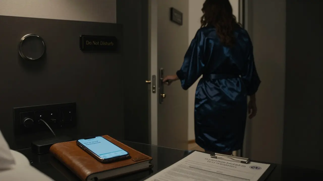 A luxury hotel room at night, a smartphone shows an encrypted message &#039;The wine arrived&#039;, medical certificate on desk.