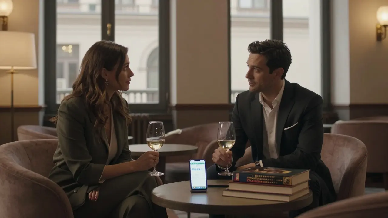 A man and woman having a respectful conversation in a quiet hotel lounge, no physical contact.